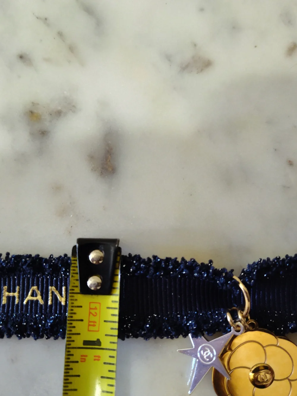 CHANEL 38" Navy Gold Logo Frayed Boutique Ribbon w Limited Edition Charm - Picture 4 of 4
